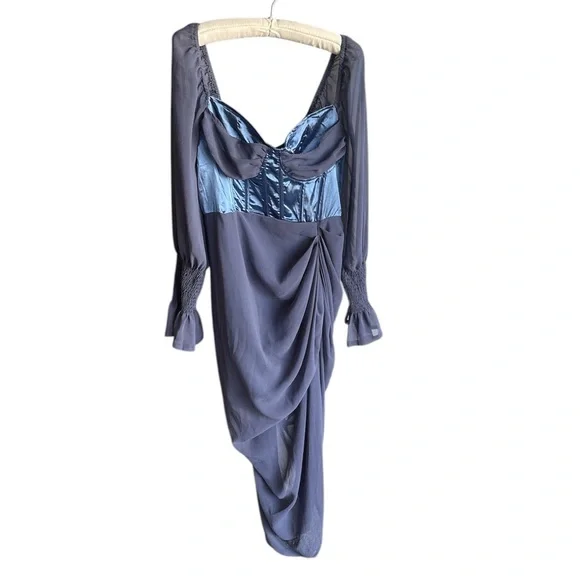 PrettyLittleThing | Dresses | Prettylittlething Nwt Blue Satin Insert  Draped Chiffon Midi Dress Womens 2 | Poshmark